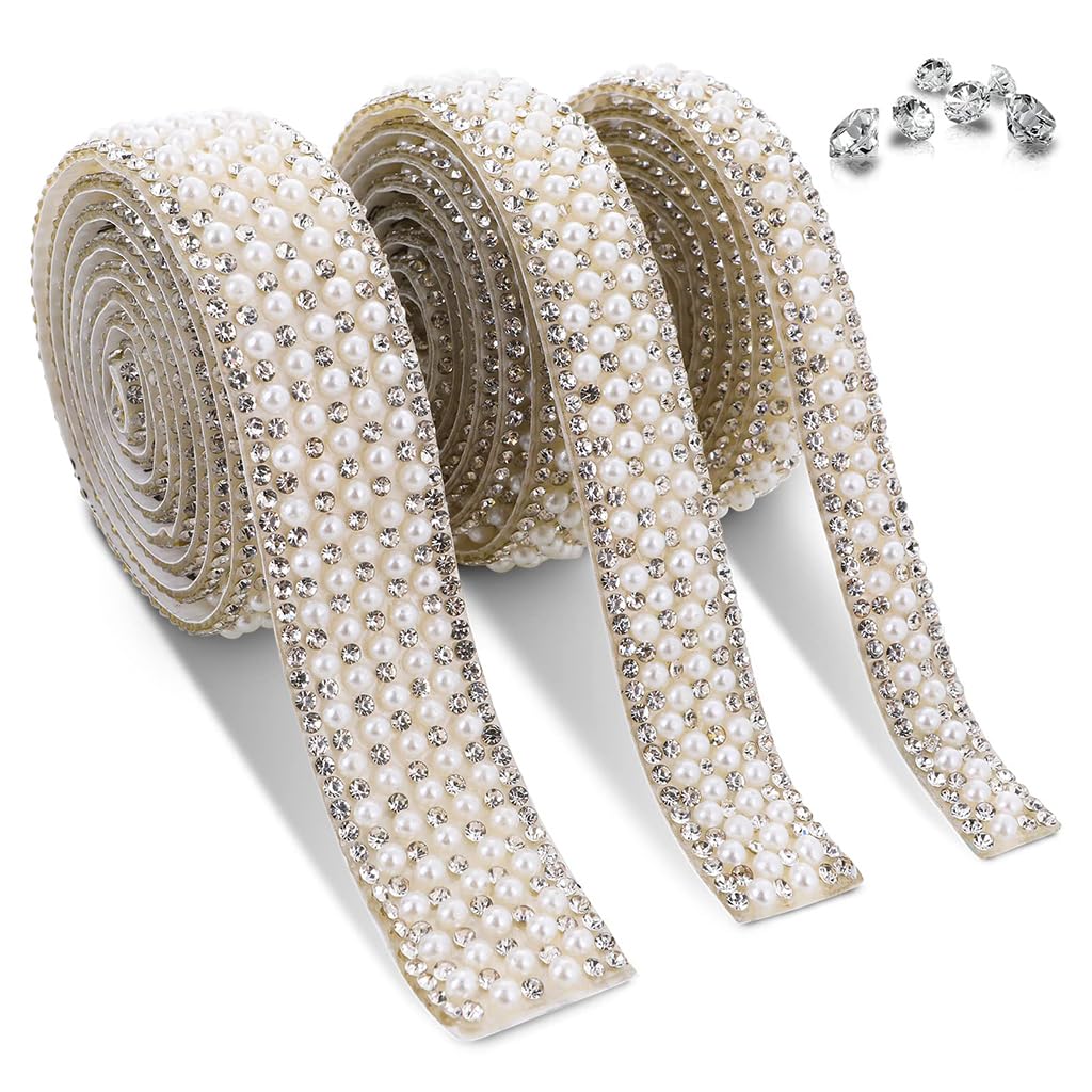 HASTHIP® 3 Rolls DIY Pearl Rhinestone Ribbon Tape 1cm/1.5cm/2cm Self Adhesive Glittering Rhinestone Tape Decorative Pearl Rhinestone Strips for DIY Bag, Art Decoration, Scrapbook, 1 Yard Per Roll HASTHIP® 3 Rolls DIY Pearl Rhinestone Ribbon Tape 1cm/1.5cm/2cm Self Adhesive Glittering Rhinestone Tape Decorative Pearl Rhinestone Strips for DIY Bag, Art Decoration, Scrapbook, 1 Yard Per Roll